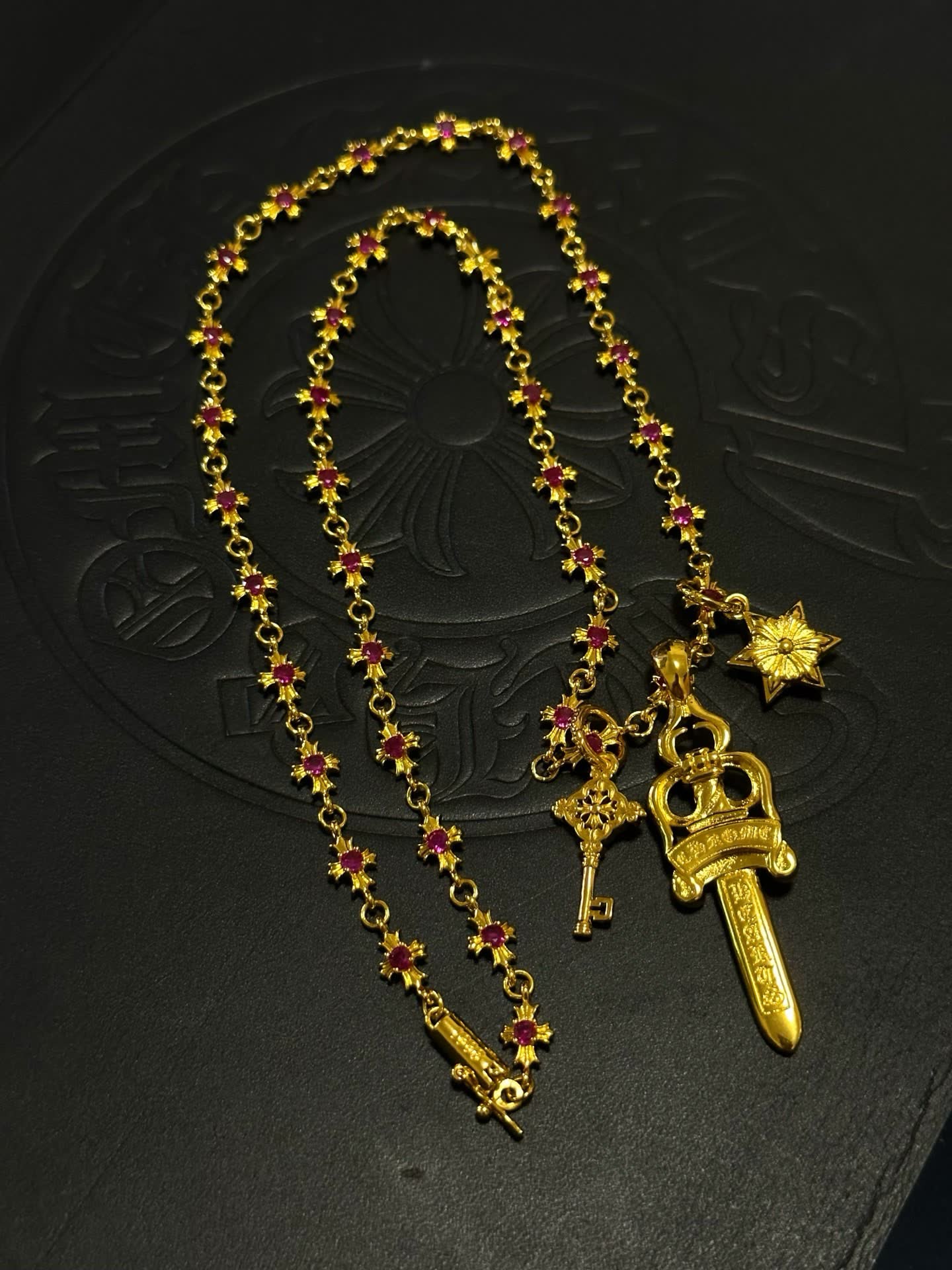 Chrome Hearts Royal Gold and Ruby Necklace with Sword Pendant